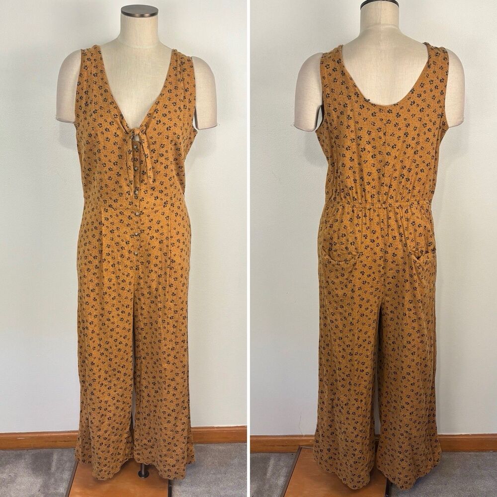 Toad & Co Taj Sleeveless Tie Front Hemp Cropped Wide Leg Jumpsuit Mustard Size M - Picture 2 of 10